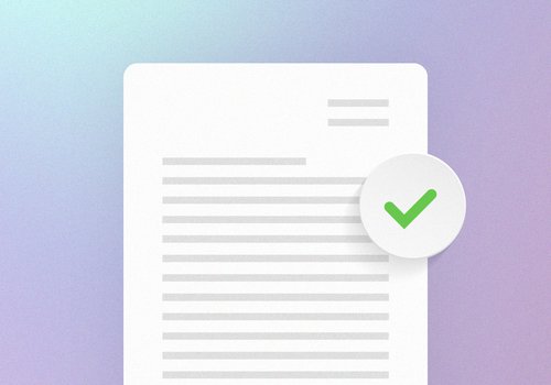 Auf lila-blauem Hintergrund ist eine vereinfachte Darstellung eines Dokumentes zu sehen. In der rechten oberen Ecke des Dokuments ist ein grünes "Check"-Zeichen.